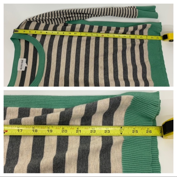 Olive & Oak Wide Striped Soft Preppy Fitted Scoop Neck Sweater Gray Cream Green - Picture 13 of 13